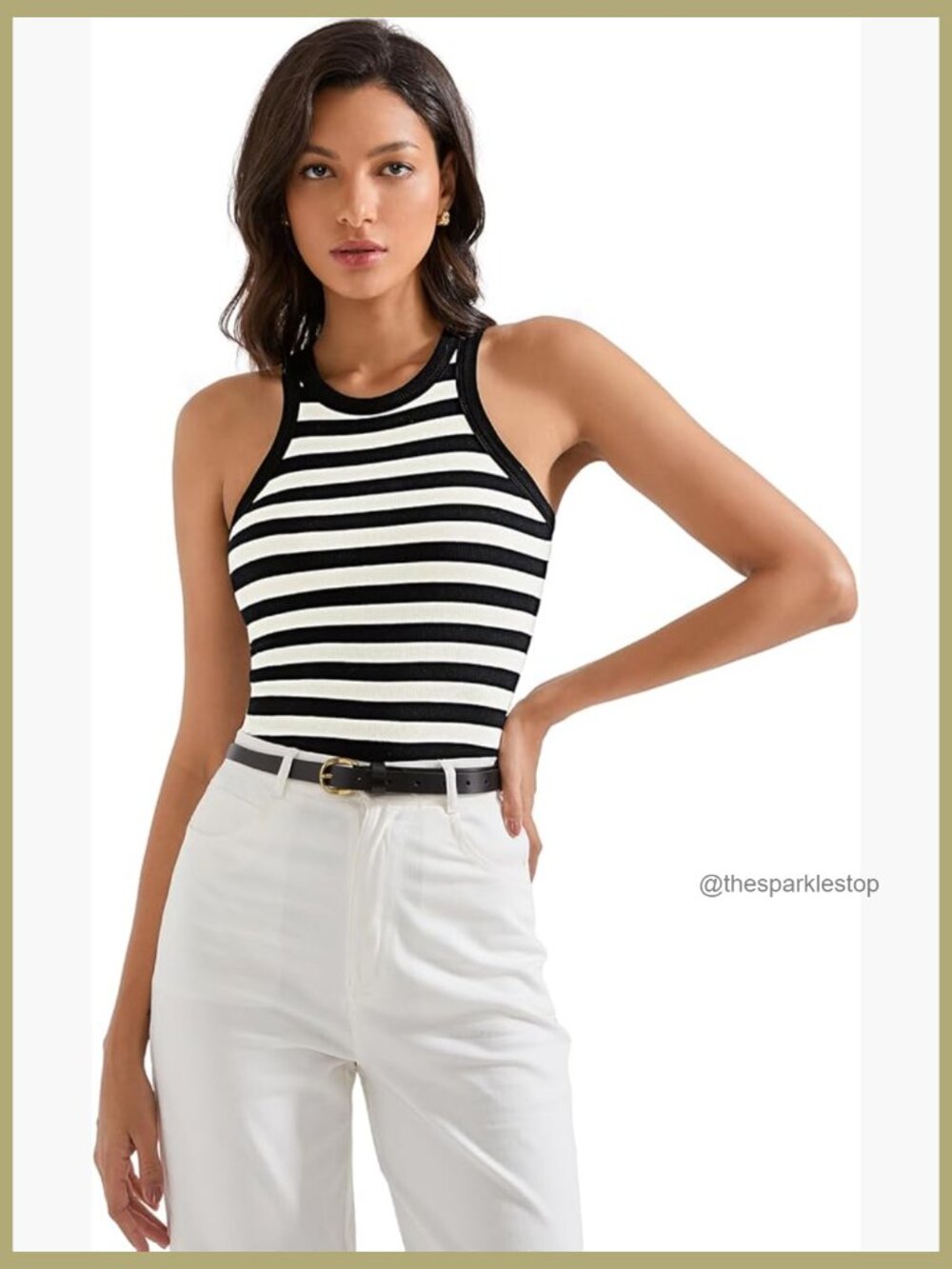 Padded Cotton Ribbed Tank Top High Neck Racerback Basic Top